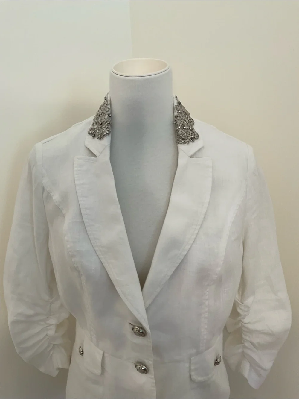 INC International Concepts White Linen Ruch Sleeve Peplum Jacket